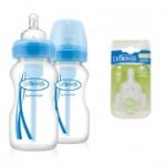 Dr. Browns Wide-Neck Options Baby Bottle 270ml - Blue, 2pk + FREE Y-Cut Silicone Wide-Neck Nipple, 2pk