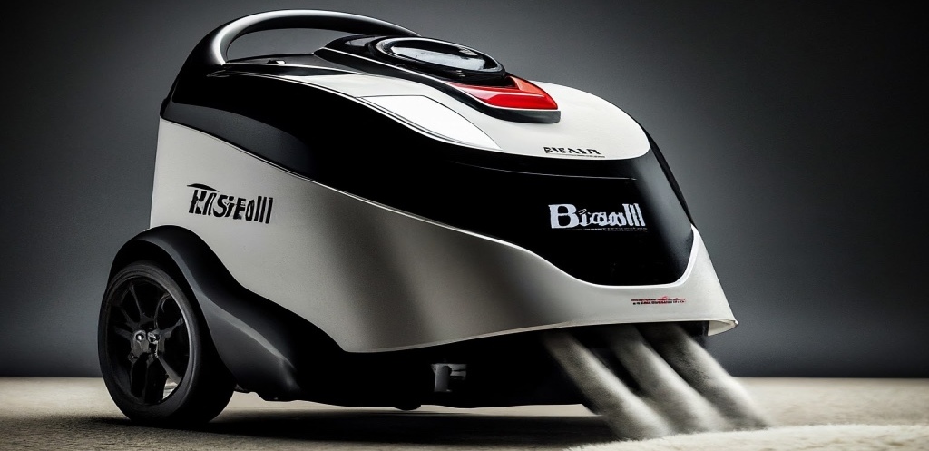 Studio shot photo of a bissell carpet cleaner in use