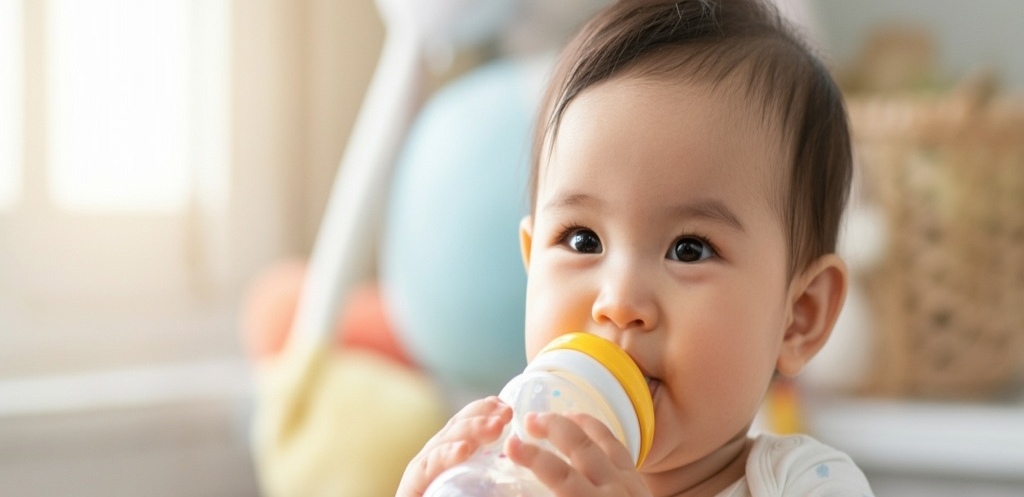 The adorable baby is happily drinking milk from a bottle, smiling with joy