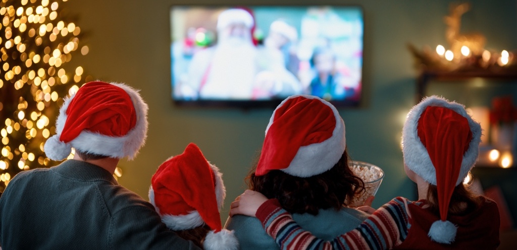 Merry Christmas and Happy New Year. People having fun near tree indoors. Loving family watching holiday movies at home. Mother, father and daughters spending time together.