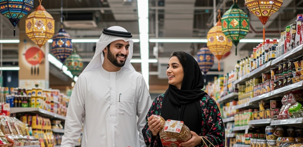 Kuwaiti couple buying grocery, vibrant with ramadan vibes and shopping bags